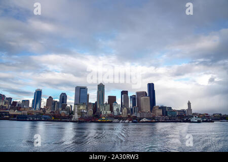 Seattle Washington skyline viewed from a ferry boat on Elliott Bay.