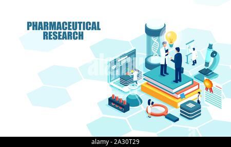 Isometric vector of a pharmaceutical research laboratory with scientists working to develop new drugs and genetic testing Stock Vector