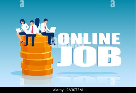 Vector of a group of people working on laptop sitting on a stack of gold coins earning on money online Stock Vector