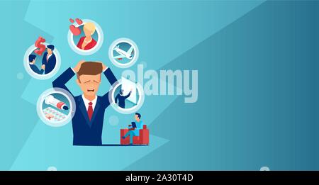 Mental illness and stress concept. Vector of an overwhelmed anxious businessman with multiple phobias and social anxiety undergoing psychotherapy Stock Vector