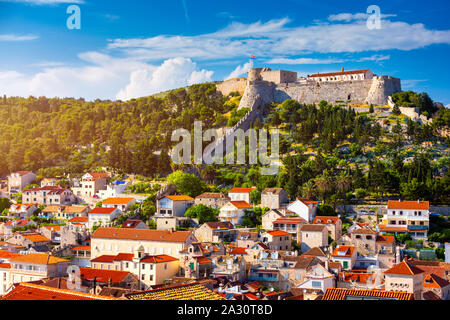 The Fortica fortress (Spanish Fort or Spanjola Fortres) on the Hvar island in Croatia. Ancient fortress on Hvar island over town (citadel), popular to Stock Photo