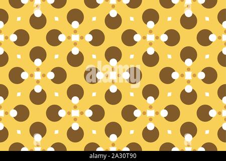 Vector seamless geometric pattern. Shaped circles, squares and diamonds in white, brown colors on yellow background. Stock Vector