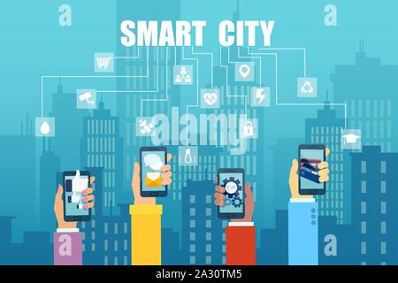 Vector of hands holding smart phones using different apps connected with each other Stock Vector