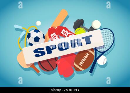 Vector set of sport balls and gaming items, accessories on a blue background. Stock Vector