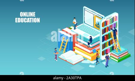 Internet education concept. Vector of students picking books online from bookshelves on mobile phone screens learning online on laptop Stock Vector