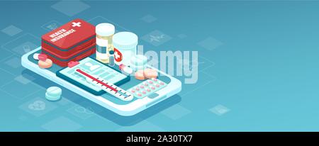Healthcare online pharmacy app concept. Vector of prescription drugs, first aid kit and medical supplies being sold online via smartphone application Stock Vector