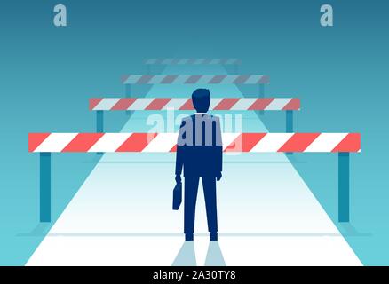 Vector of a challenged businessman standing in front of many obstacles and barriers on the way to success. Stock Vector