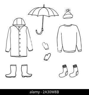 Clothes and accessories for cold season: raincoat, boots, umbrella, cap, sweater, socks, gloves. Cartoon doodle sketch can be used in cards, posters, flyers, banners, logo, clothes design etc. Vector illustration EPS10 Stock Vector