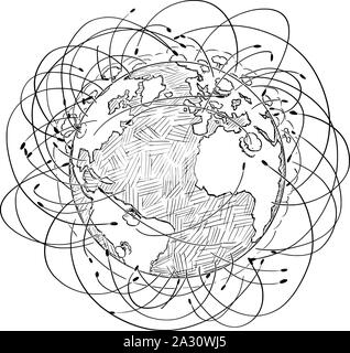 Vector black and white illustration of planet Earth surrounded by Rockets and nuclear explosions. Concept of nuclear war. Stock Vector