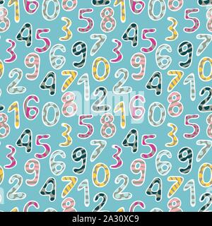 seamless childish vector pattern with colorful dotted and striped numbers on a blue background Stock Vector