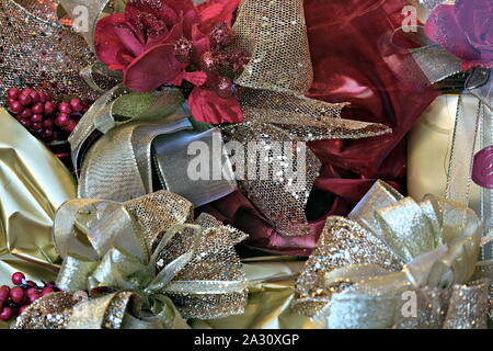 Christmas decorations with ribbons and bows Stock Photo