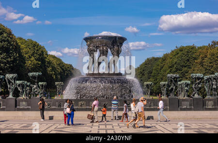 OSLO, NORWAY - People and fountain, Vigeland Sculpture installation, in Frogner Park. Stock Photo