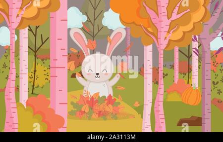 cute rabbit playing with leaves forest hello autumn vector illustration Stock Vector