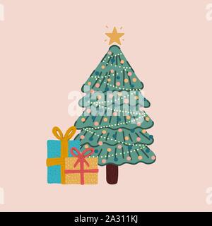 Vector of a Christmas tree decorated with some gifts on the floor. Stock Vector