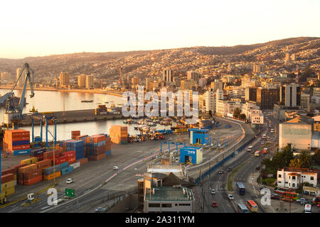 Valparaiso, Chile - Port facilities, city waterfront and hills of the city that is UNESCO World Heritage Site Stock Photo