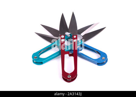 Small scissors for cutting the thread isolated on white background. Sewing cutting tools set isolated on white background. Knitting scissors Stock Photo