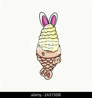 Vector of an ice cream with rabbit ears and a fish cracker. Nice doodle. Stock Vector