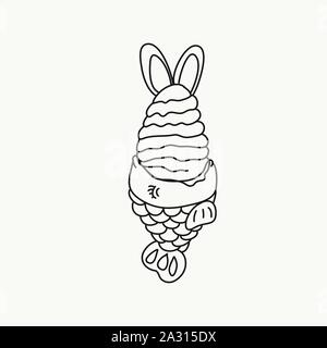 Vector of a fish-shaped cookie dough and ice cream with rabbit ears in line coloring Stock Vector