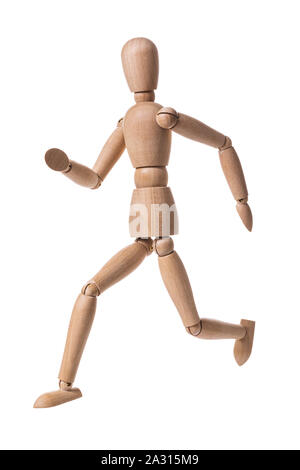 Wooden man Isolated on a white background. Gestalt in the shape of a running man Stock Photo