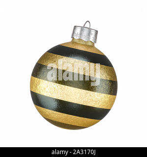 Colorful Christmas bauble in black with textured shaded gradient gold stripes isolated on a white background for holiday themed concepts Stock Photo