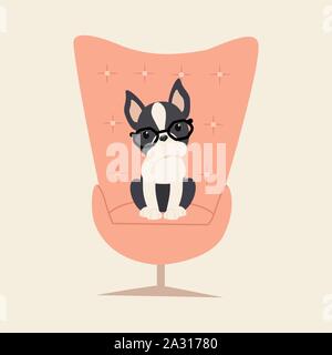 Vector dog breed Boston Terrier with glasses in an armchair. Nice. Stock Vector