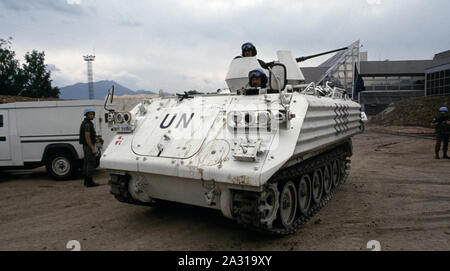 3rd June 1993 During the Siege of Sarajevo: a Danish YPR-765 AIFV/APC serving with UNPROFOR in the car park at Sarajevo Airport. Stock Photo