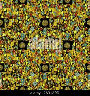 Beautiful dense gold multishape geometric design with isolated golden circles. Seamless geometric vector pattern on black background. Modern arabesque Stock Vector