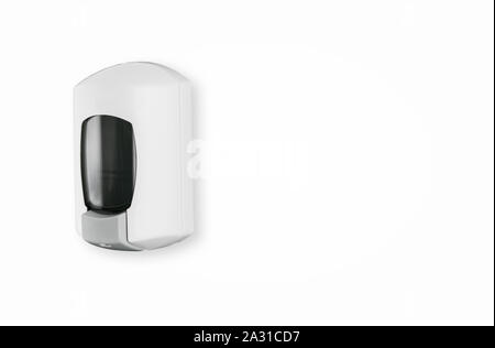 White and back liquid hand soap dispenser small plastic mounted on wall refillable Stock Photo