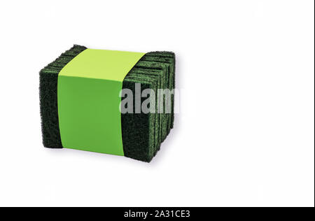 Green Scouring Pads Tied up white background washing up rough texture Stock Photo