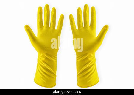 Yellow Household Rubber Glove pair for cleaning disposable pattern bright coloured Stock Photo