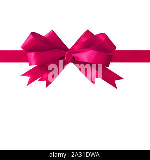 Pink gift ribbon bow straight horizontal isolated on white. Stock Photo