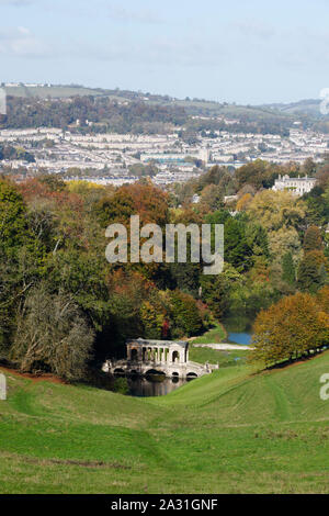 Prior Park Landscape Garden with the city of Bath in the distance. Bath. UK.