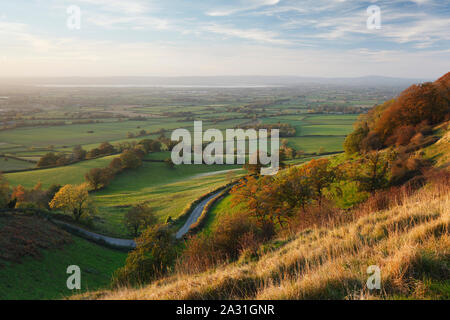 View from Coaley Peak over the Severn Vale. The Cotswolds. Gloucestershire. UK. Stock Photo