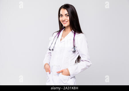 Portrait of a friendly female doctor isolated on white Stock Photo