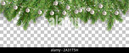 Merry Christmas and happy New Year border of tree branches and garland beads on transparent background. Vector illustration. Stock Vector