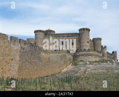 Spain, Castile and Leon, Cuenca province. View of the medieval Castle of Belmonte. It was built during the second half of the 15th century, by order of Don Juan Pacheco, 1st Marquis de Villena. Stock Photo