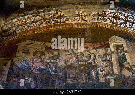 Chora Church. Medieval Byzantine Greek Orthodox church. Mosaics. Cycle of the Life of the Virgin. Mosaic of the Birth of Mary. Inner Narthex. 14th century. Istanbul, Turkey. Stock Photo