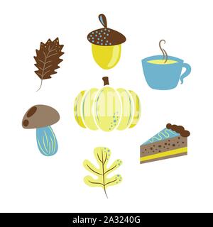 Autumn harvest objects pumpkin, acorn, pie, mushroom and leaves. Fall clip art. Stock Vector