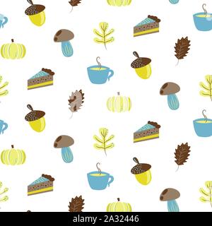 Autumn harvest objects pumpkin, acorn, pie, mushroom and leaves. Fall seamless pattern in blue and yellow colors. Stock Vector