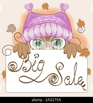 Autumn Owl with green eyes, on a branch in hat. Big sale frame. The picture in hand drawing cartoon style. Stock Vector