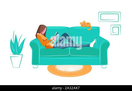 Girl reading book on sofa in flat style. Reading, education, studying at home concept. Leisure illustration. Young woman student character. Cozy room. Vector Isolated on white background. Stock Vector