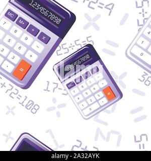 Seamless pattern of modern purple small calculator with basic function flat vector illustration on white background. Stock Vector