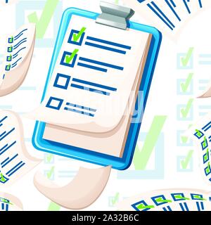 Seamless pattern of clipboard with checklist flat vector illustration on white background. Stock Vector