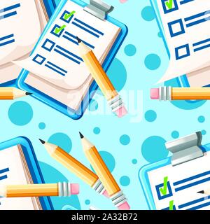 Seamless pattern of clipboard with checklist flat vector illustration on blue background. Stock Vector