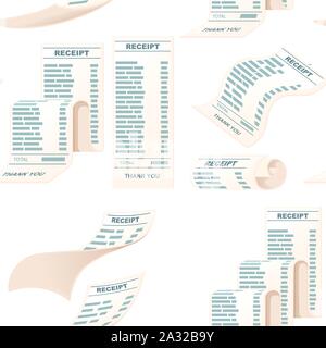 Seamless pattern with different receipt bills icon flat vector illustration on white background. Stock Vector