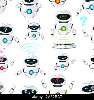 Seamless pattern of cute white modern levitating robots perform different tasks flat vector illustration on white background. Stock Vector