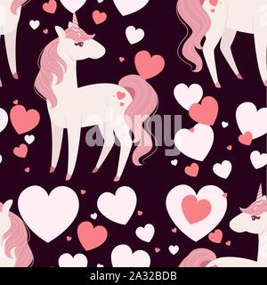 Seamless pattern of magic mythical animal from fairy tale pink unicorn cartoon animal design flat vector illustration on dark background. Stock Vector