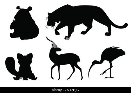 Black silhouette set of different animals cartoon design flat vector illustration isolated on white background cute wild animal. Stock Vector