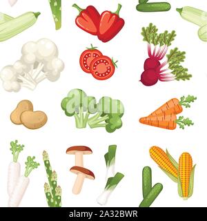 Seamless pattern of fresh raw vegetables flat vector illustration on white background. Stock Vector