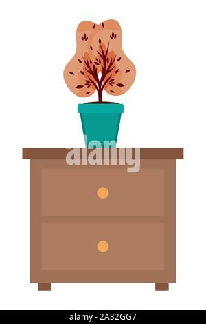 wooden drawer with autumn plant in ceramic pot Stock Vector